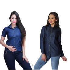 Womens Denim Solid Shirt Buy 1 Get 1 Free  Navy Blue Pattern Solid 